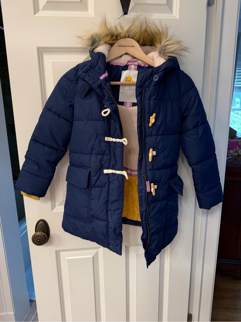 Mini Boden Puffer Navy Coat with Faux Fur Hood & Purple and Gold Trim - NWOT